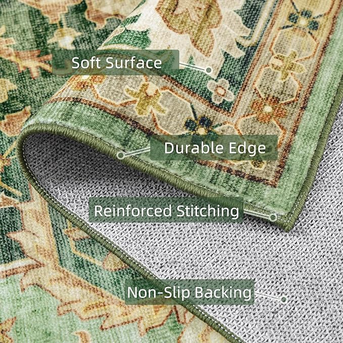 Green Rug 2x5 Runner Rugs Boho Small Washable Area Rugs for Entryway Bathroom Kitchen, Small Rugs Soft Low Pile Non-Slip Rubber Backing Oriental Door Mat