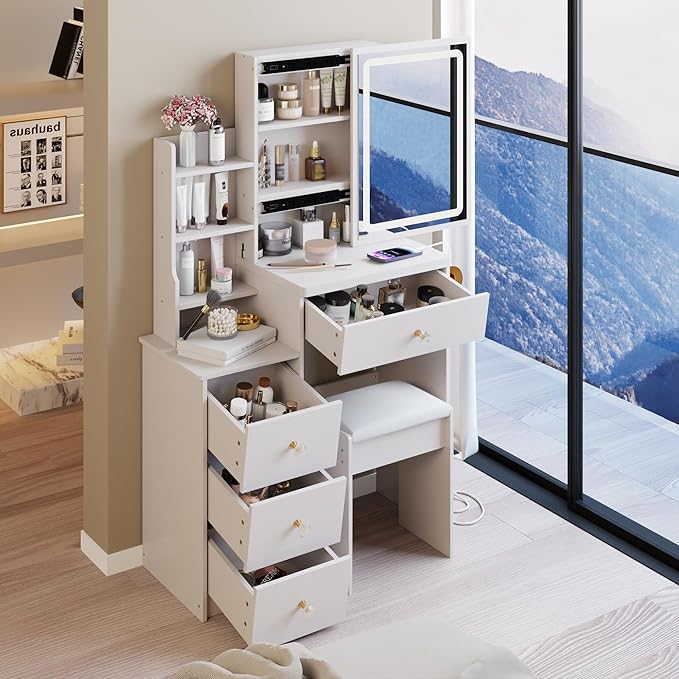 29.2" Small Vanity Desk with Mirror and Lights, Makeup Table with 2 AC+2 USB Power Station, Hair Dryer Bracket, Vanity Set with Drawers and Stool for Small Space Bedroom, White