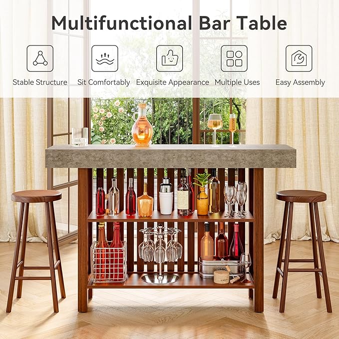 LITTLE TREE 63-Inch Home Bar Table, 2-Tier Storage Shelf Mini Bar Unit, Kitchen Pub Table, Small Indoor Bar Counter, Grey + Rustic Brown