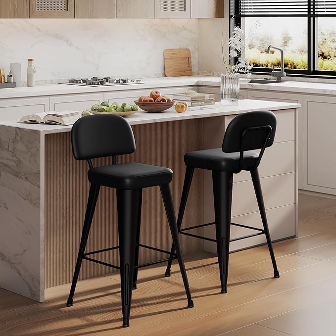Aklaus PU Leather Metal Bar Stools 26 inch Faux Leather Counter Height Barstools Set of 2 Modern Farmhouse Bar Chairs with High Backs and Faux Leather Seat for Kitchen Island Dining Room Matte Black