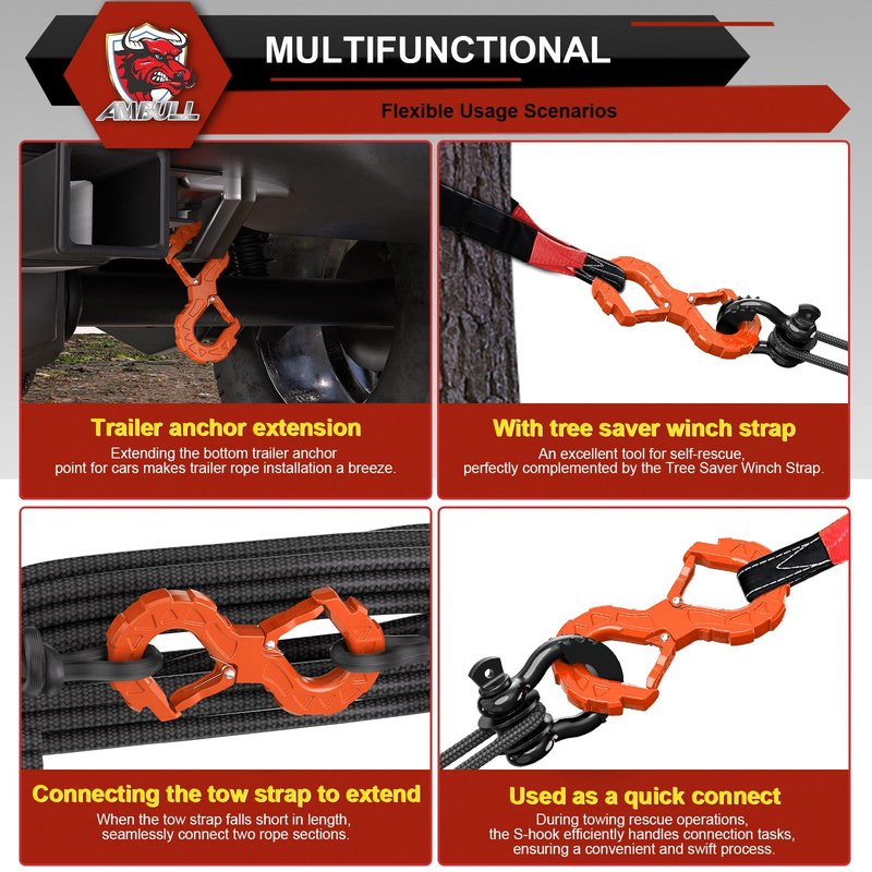AMBULL 3/8 Tow Hook, Winch Hook for Off-Road Recovery, Towing Shackle 33000 Lbs, G80 Heavy Duty Strength Integrated Winch Quick Shackle, Orange