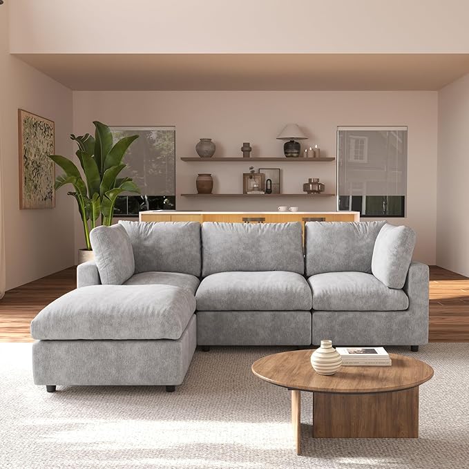 JACH L Shape Sectional Couches for Living Room, Deep Seat Convertible Modular Sofa, Cloud Sectional Couch, Sofa Covers Washable, Minimalist Modern Couch for Living Room, Apartment, Light Grey