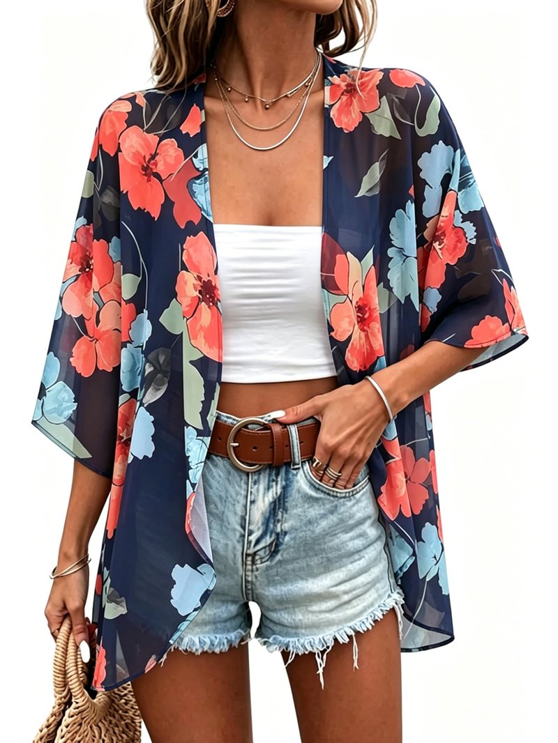 Summer Kimono Cardigan for Women Sheer Light Tops Casual Open Front Swimwear Shirts Beach Cover ups (Oil Blue,3XL)