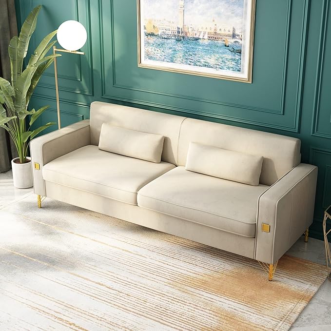 85.63" Velvet Sofa,Modern Loveseat Couch with Pillows Set of 2 for Living Room,Bedroom,Apartment Furniture with Gold Metal Legs (Beige)