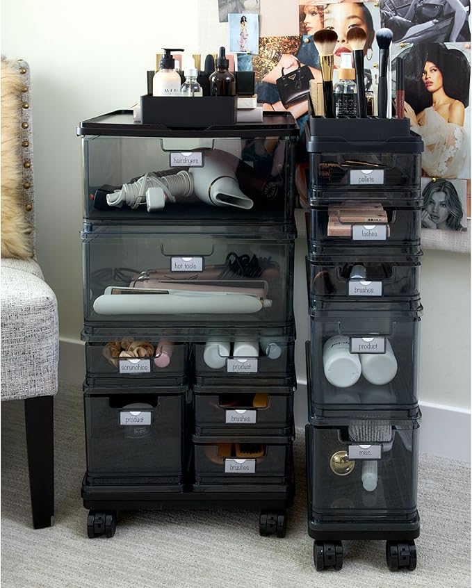 iDesign The Sarah Tanno Collection Small 5-Drawer Stacking Cosmetic Organizer Cart, Smoke/Black