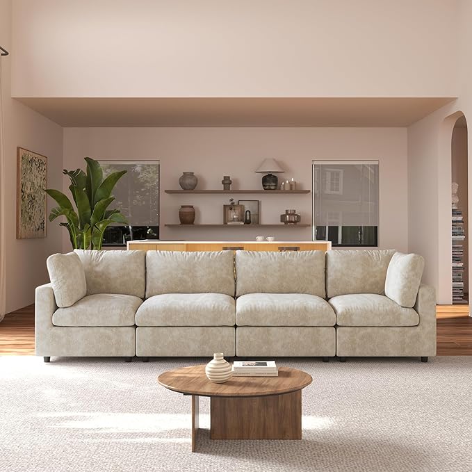 JACH 134" Sectional Couches for Living Room, 4-Seater Convertible Modular Sofa, Cloud Sectional Couch, Sofa Covers Washable, Minimalist Modern Couch for Living Room, Apartment, Khaki