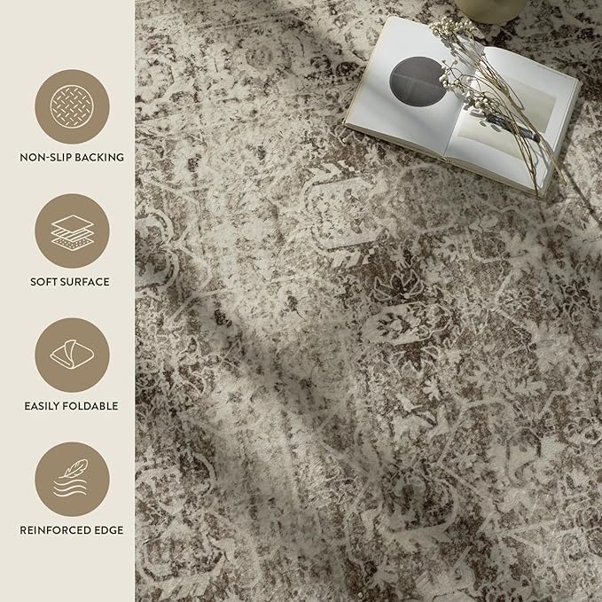Lahome Beige Washable Rugs for Living Room 8 x 10 Large Living Room Rug Indoor Carpet,Boho Vintage Distressed Non-Slip Low-Pile Accent Bedroom Carpet for Dining Room Office Playroom(8x10,Beige)