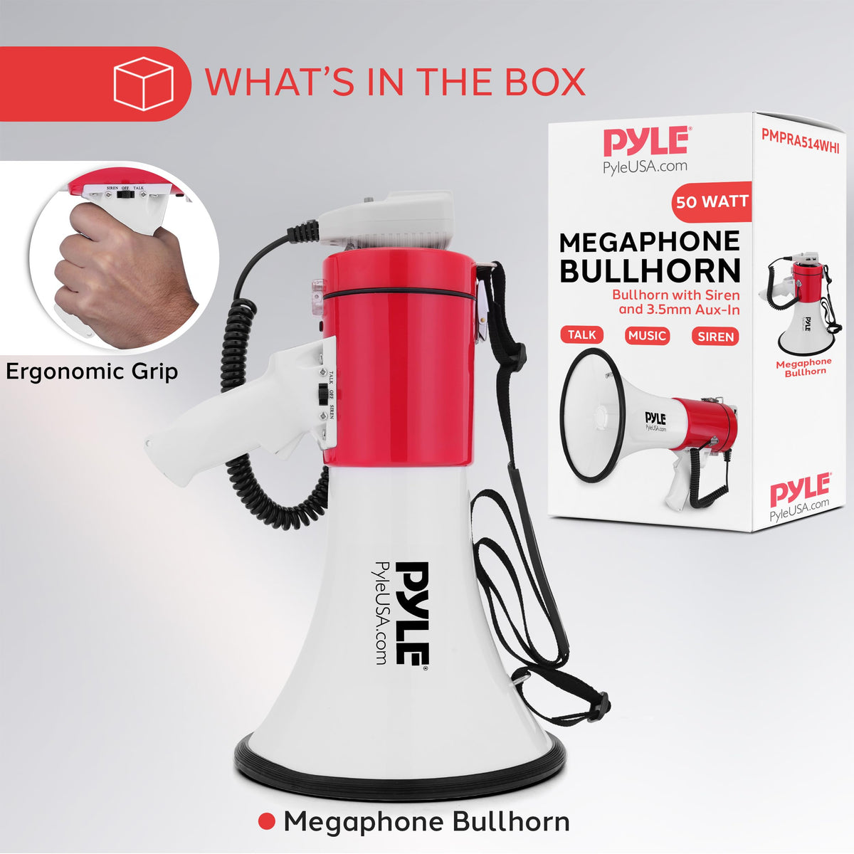 Pyle 50W Megaphone Bullhorn - Portable, Automatic Siren & Adjustable Volume,Projection Range Up to 1200 Square Yards, Aux Input, Talk, Siren, Music, Whistle, & Record, Shoulder Strap (White-Red)