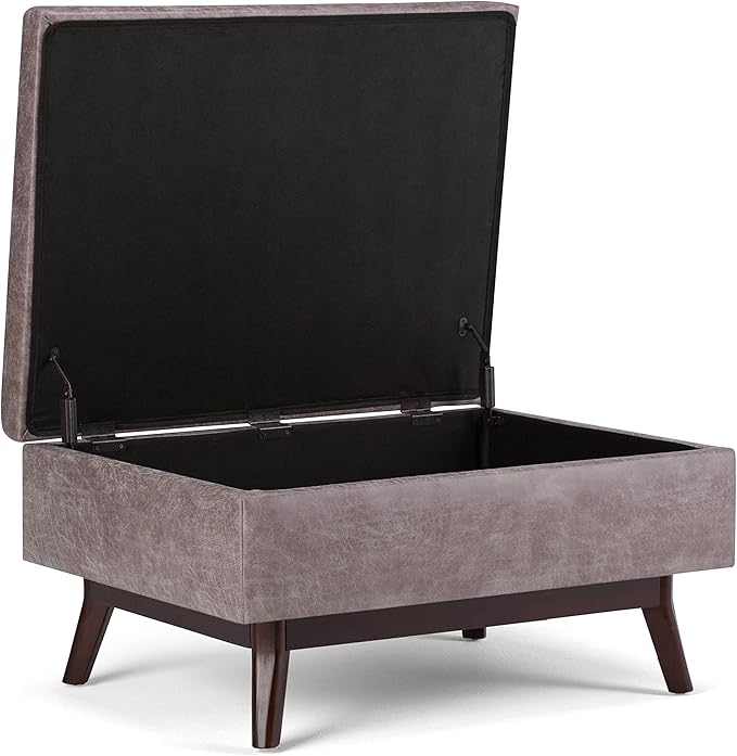 SIMPLIHOME Owen Coffee Table Storage Ottoman - 34 inch Wide Upholstered Vegan Leather Rectangular Lift-Top Ottoman in Distressed Grey Taupe, Mid-Century Modern Bench for Living Room with Tapered Legs