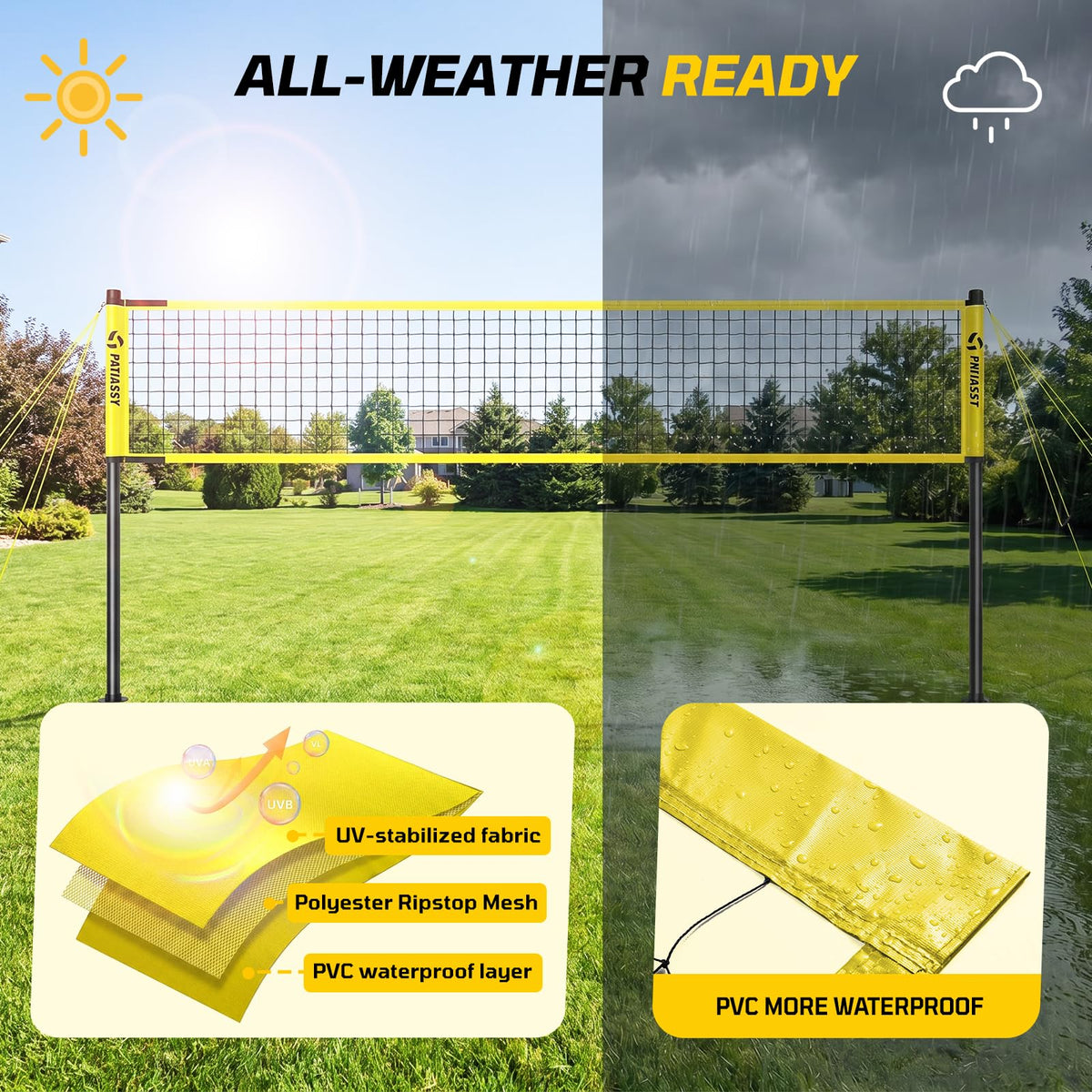 Outdoor Volleyball Net System, 32FT Regulation Size Anti-Sag Net, Quick Setup Adjustable Height Poles, Volleyball Set with Pump, Boundary Line and Carry Bag for Backyard Beach Lawn