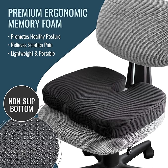 DMI Memory Foam Seat Support Cushion | Coccyx, Sciatica, & Tailbone Pain Relief | Multi-Use Ergonomic Seat Cushion for Office Chair for Driving & Home | Breathable