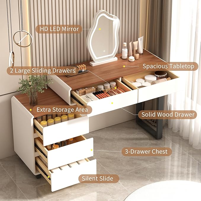 Vanity Desk with Mirror and LED Lights| Small Makeup Table with 5 Drawers and Adjustable Storage Cabinet| Modern Space-Saving Dressing Table for Bedroom(Walnut Top with White Base)