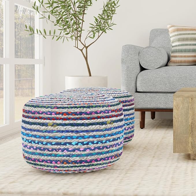 SIMPLIHOME Margo Round Pouf - 20 inch Wide Handwoven Jute and Cotton Braided Ottoman in Blue, Boho-Style Footstool or Extra Seating for Living Room or Bedroom with Polystyrene Bead Filling, Assembled