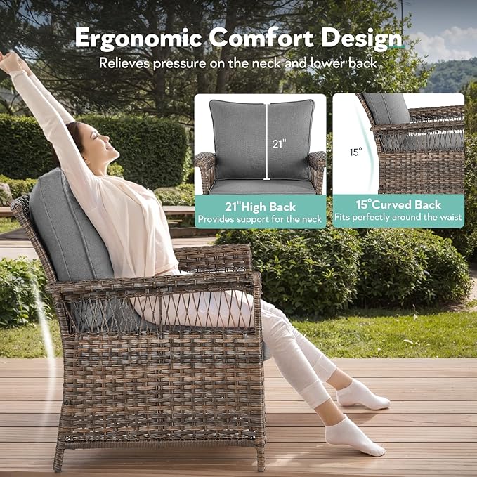 Wicker Outdoor Chairs Set - 3 Pieces Hollow Widen Armrests Patio Furniture Set with Side Table, Comfortable High Back Rattan Chairs for Balcony Porch Deck and Yard - Brown/Gray