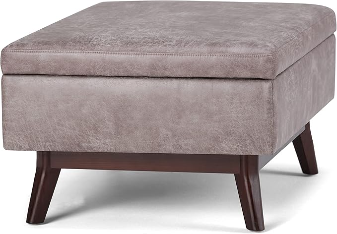 SIMPLIHOME Owen Coffee Table Storage Ottoman - 34 inch Wide Upholstered Vegan Leather Rectangular Lift-Top Ottoman in Distressed Grey Taupe, Mid-Century Modern Bench for Living Room with Tapered Legs