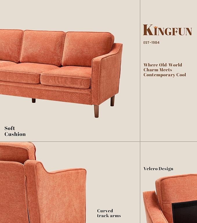 Kingfun 80" Chenille Sofa, 3 Seater Couch, Mid Century Modern Couches with Solid Wood Frame for Living Room & Bedroom, Orange