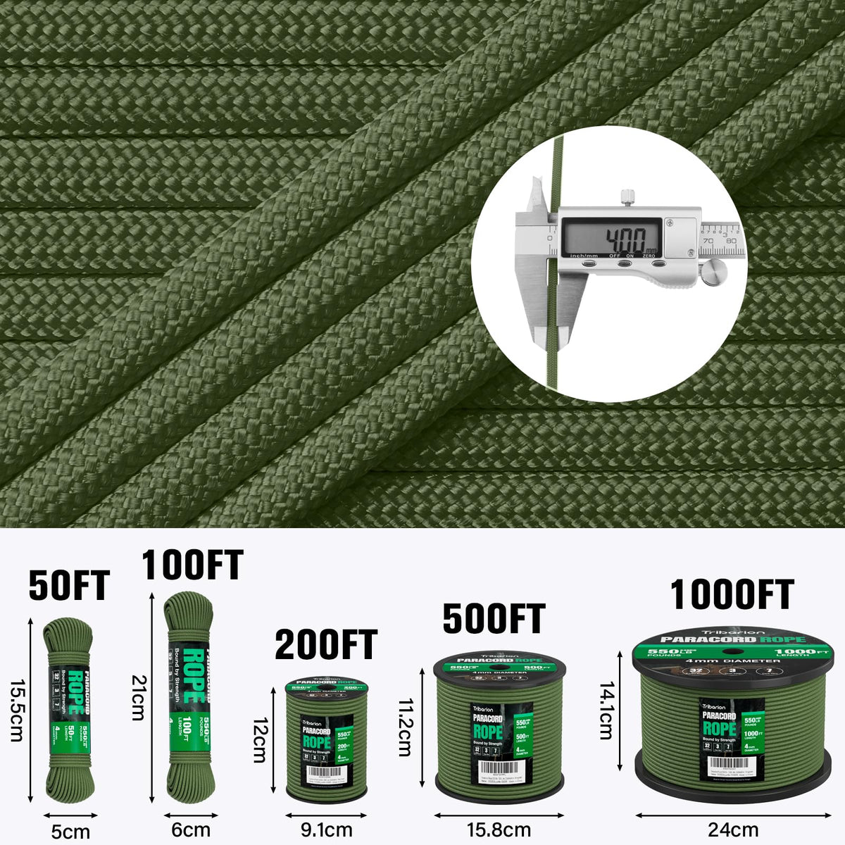 Paracord Rope 550 lb - 1000ft / 500ft / 200ft / 100ft 5/32" Parachute Cord 4MM 7-Strand para Cord - Heavy Duty Spool String for Survival,Camping Gear, Survival Bracelet, Clothesline