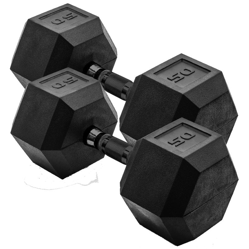 CAP 50 LB Rubber Coated Hex Dumbbell Weight, Rubber Free Weights for Home Gym Strength Training, Black Oxide Handle, Pair