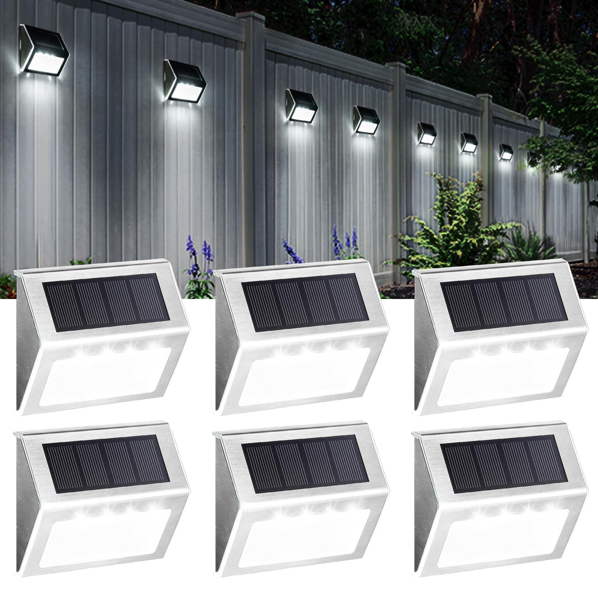 SOLPEX Solar Step Lights, 6 Pack Stair Lights, Outdoor Fence Lighting, Solar Powered Deck Lights Waterproof 4 LEDs for Stairway Patio Porch Pathway Walkway Garden (Cold White)