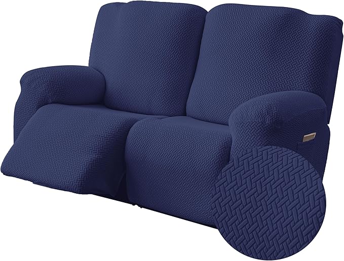 Genina Recliner Loveseat Covers, Stretch Reclining Sofa Covers, 2 Seater Couch Cushion Stripe Jacquard Recliner Slipcovers - Furniture Protector Covers for Pet Kid (Navy Blue)