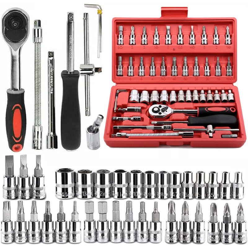 YWHWLX 46 Pieces 1/4 in. Drive Ratchet Socket Wrench Set with Quick-Release Ratchet,Includes Metric Bit Sockets and Extension Bar for Car Repair and Home Maintenance