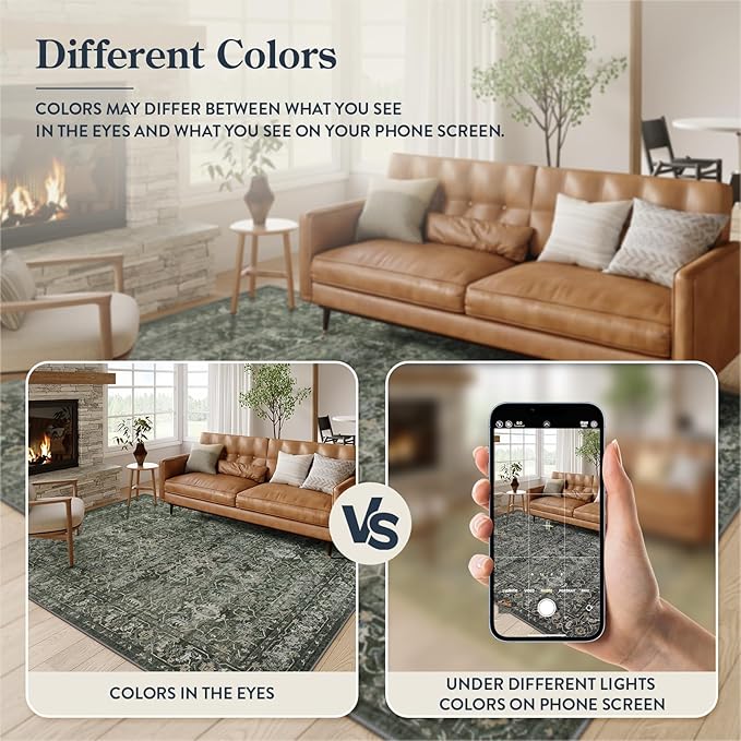 Lahome Boho Green Area Rugs 9x12 Living Room,Washable Large Rugs for Bedroom Aesthetic,Vintage Distressed Non Slip Low Pile Dining Room Rug Carpet for Home Office Playroom(9'x12',Green)