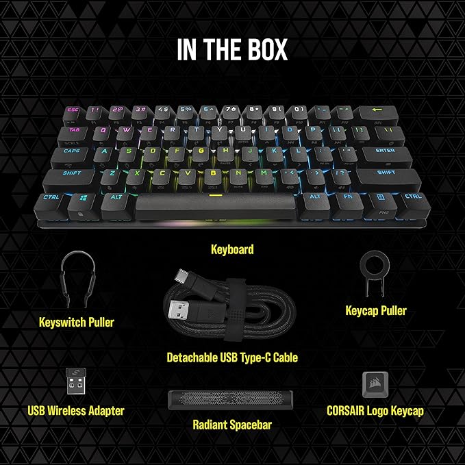 Corsair K70 PRO Mini Wireless RGB 60% (CH-9189010-NA) Mechanical Gaming Keyboard (Fastest Sub-1ms Wireless, Swappable Cherry MX Red Keyswitches) QWERTY, NA Layout - Black (Renewed)