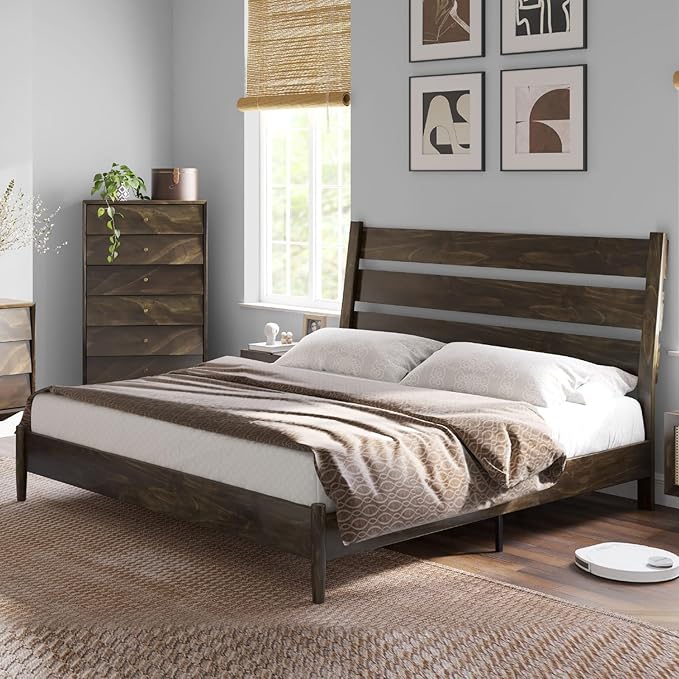 VanAcc Solid Wood Full Bed Frame, Platform Bed with Reclining Slatted Headboard, Mid Century Bed with Wood Slat Support, Dark Brown