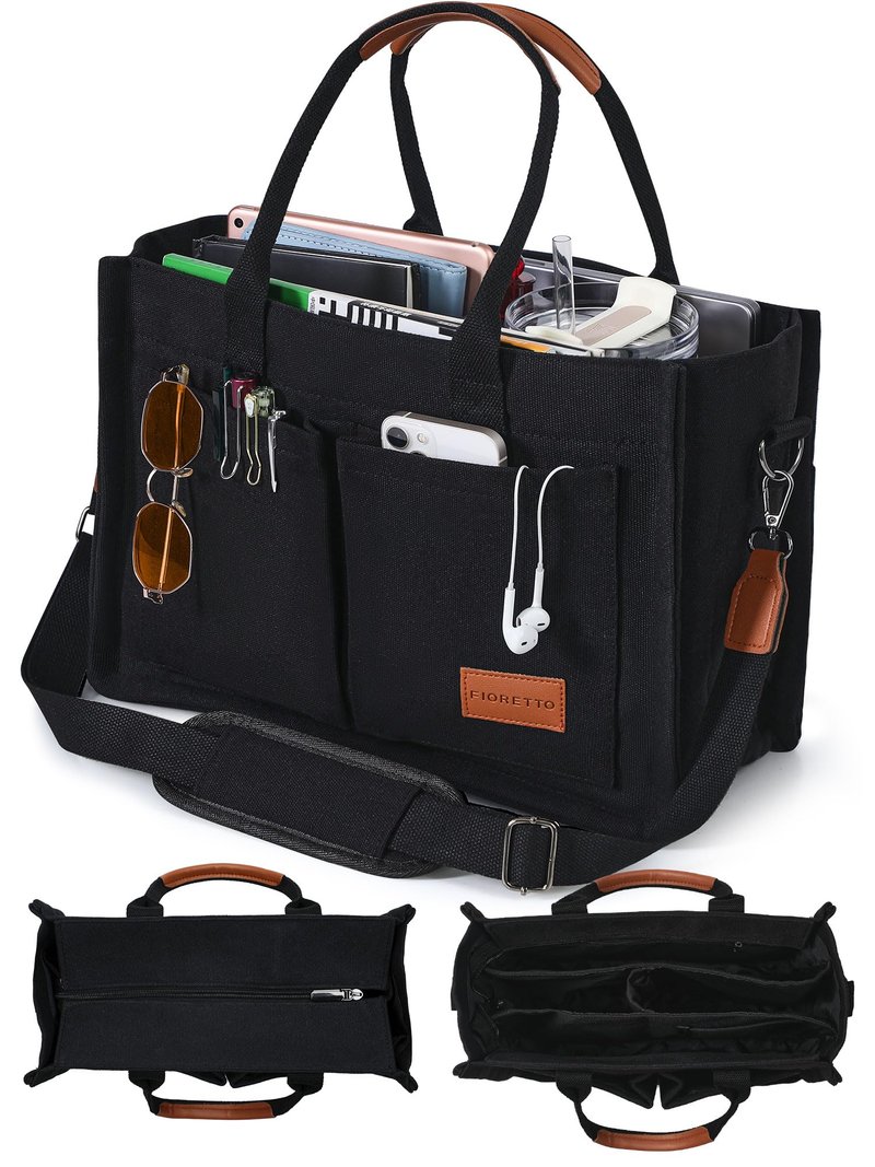 FIORETTO Canvas Tote Bag for Women with Zipper Closure & Individual Compartments for Work College, Crossbody Laptop Tote Purse Handbag with Detachable Strap & Bottom Support for Teacher & Nurse Black