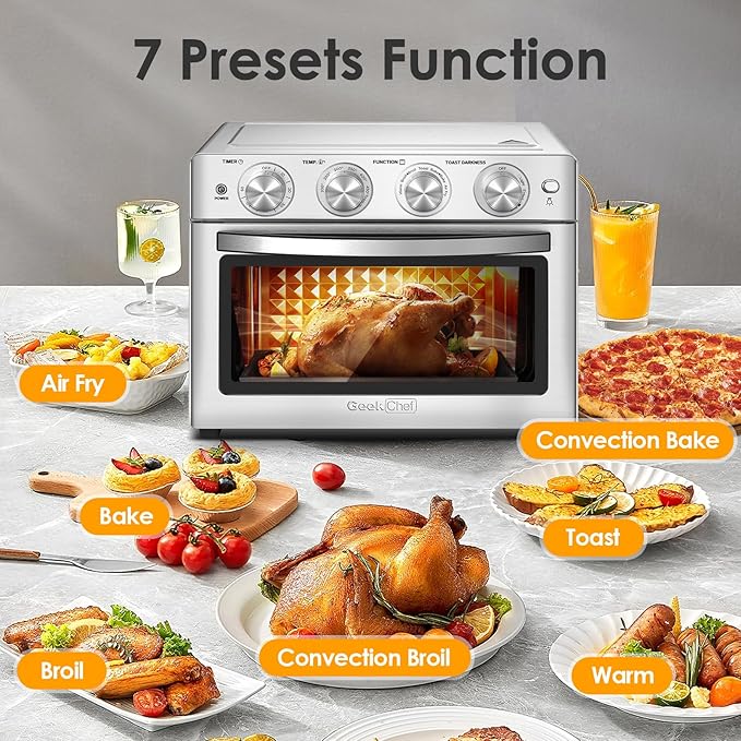 Exra Large Air Fyer Toster Oven Combo, Big Air Fryer, Toast Oven with Bake, Roast, Pizza, Easy to Use & Clean, 6 Slice Toast, Stainless Steel