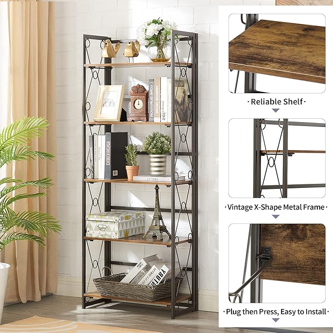 VECELO Folding Bookshelf 5-Tier,Industrial Metal Frame & Wood Shelves,Foldable Bookcase Easy Assembly Free Standing Tall Storage Organizer for Living Room,Office,Bedroom