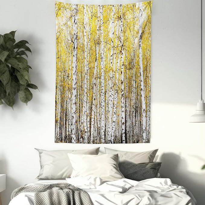 Ambesonne Forest Tapestry Queen Size, Autumn Birch Forest Golden Yellow Leaves Woodland October Seasonal Nature Picture, Wall Hanging Bedspread Bed Cover Wall Decor, 88" X 88", Yellow Grey