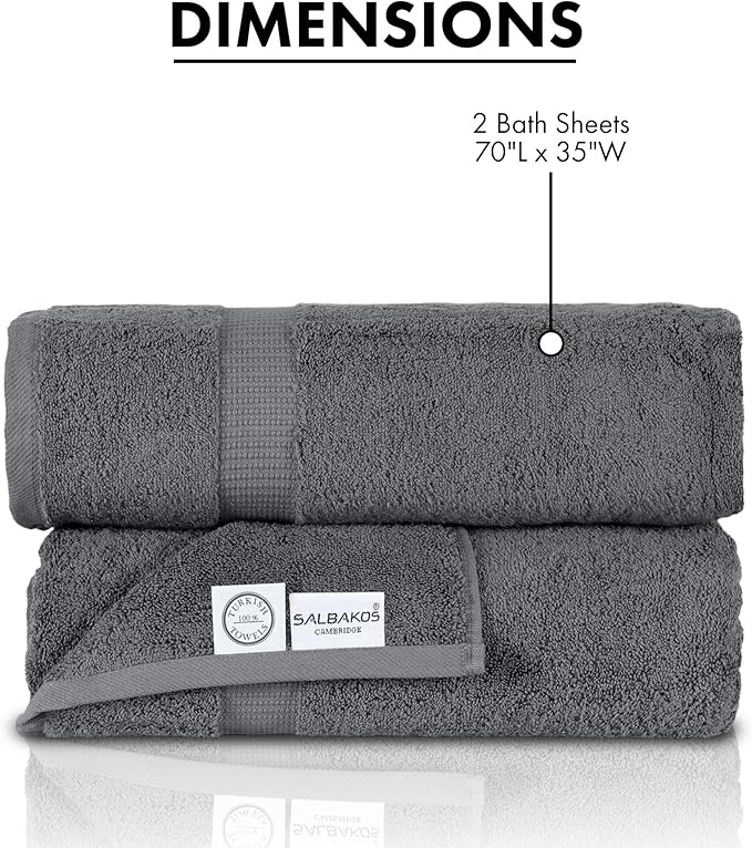 SALBAKOS 100% Turkish Cotton Extra Large Bath Sheet Set of 2 35x70 inch | Heirloom Quality | Hotel & Spa Collection | Ultra Soft, Absorbent Oversize Bath Towels | Made in Turkey (Gray, 2 Bath Sheets)
