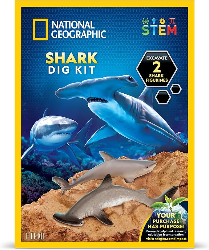 National Geographic Shark Dig Kit - Excavation Science Kit with 2 Shark Figurines for Kids, Includes Dig Tool, Science Kits for Kids Age 8-12