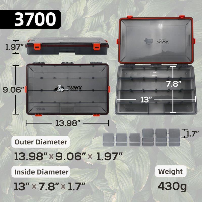 RUNCL Fishing Tackle Box, Waterproof Airtight Stowaway, 3600/3700 Tray Tackle Box with Adjustable Dividers, Plastic Storage Organizer (4pcs 3700)