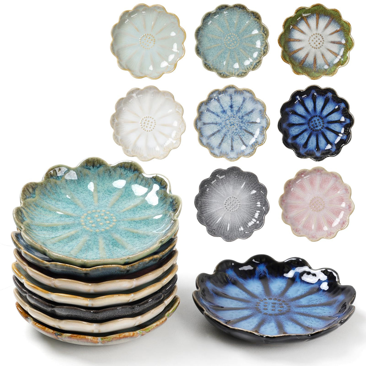 ZEBERBO Dipping Bowls Set of 8, Ceramic Soy Sauce Dishes, 3 oz Dipping Sauce Cups, chrysanthemum Round Small Side Dish Dishes for Dipping Sushi Tomato Soy Sauce Dish Condiment Finger Bowls