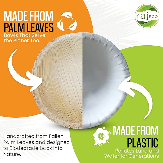 Raj Disposable Palm Leaf Bowls (200 Count, 4" Bowls) Strong Bowl Like Bamboo Party Bowl - Decorative Compostable Tableware for Lunch, Dinner, Birthday, Camping, Outdoor, Picnic, Parties