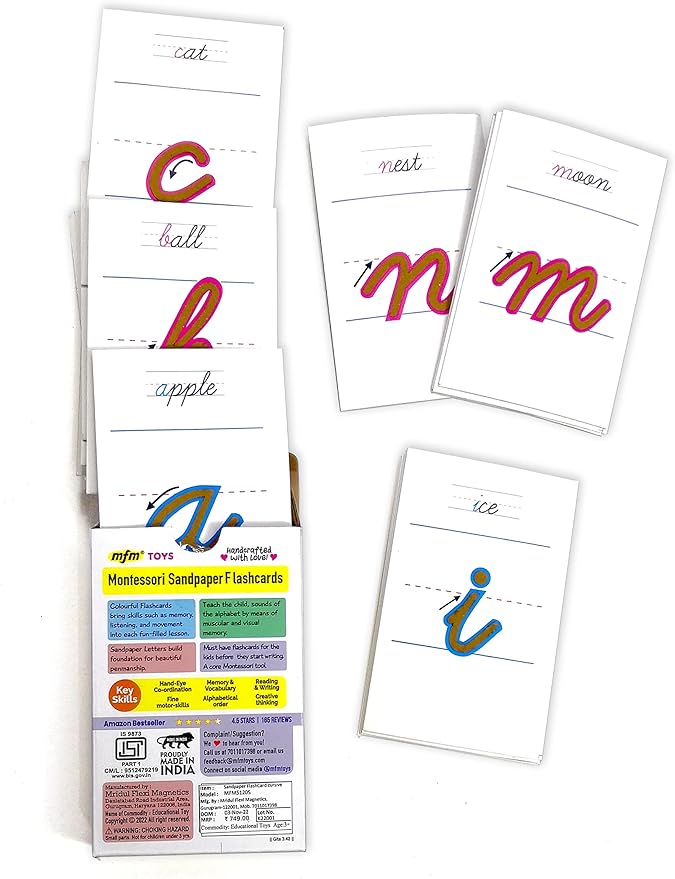 MFM TOYS Sandpaper Tactile English Letters Flashcards (Cursive (Lowercase)) Montessori Lower Case Cursive Sandpaper Letters