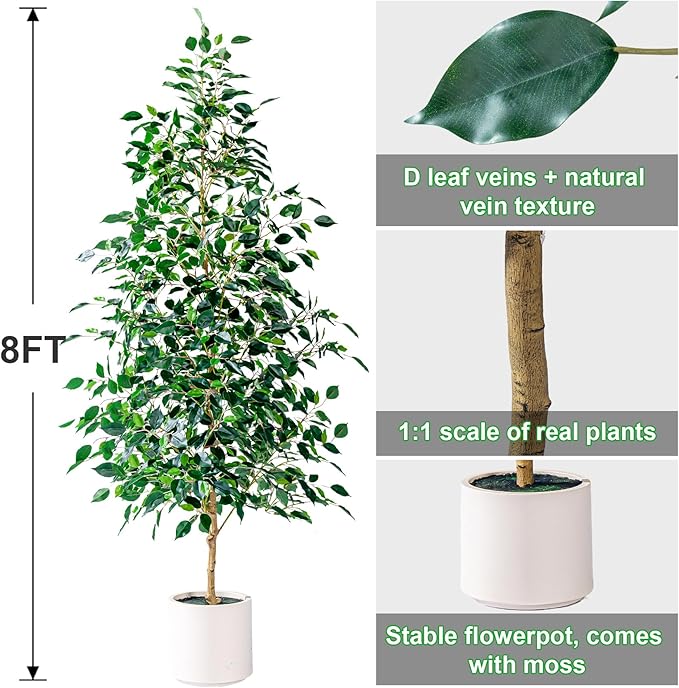 8FT Artificial Ficus Trees Indoor Faux Trees Indoor Fake Floor Plants Tall Artificial Tree with White Pot Faux Tree Fake Indoor Tree Silk Plants Artificial Trees for Home Decor Indoor