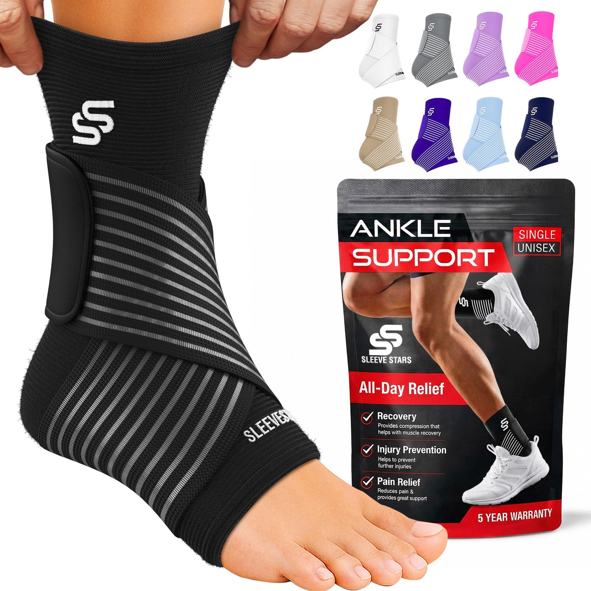 Sleeve Stars Ankle Brace for Women & Men, Ankle Wrap for Sprained Ankle, Compression Sleeve for Plantar Fasciitis Relief, Easy Customizable Support: w/Removable Strap (Single/S:9"-10"/Black)