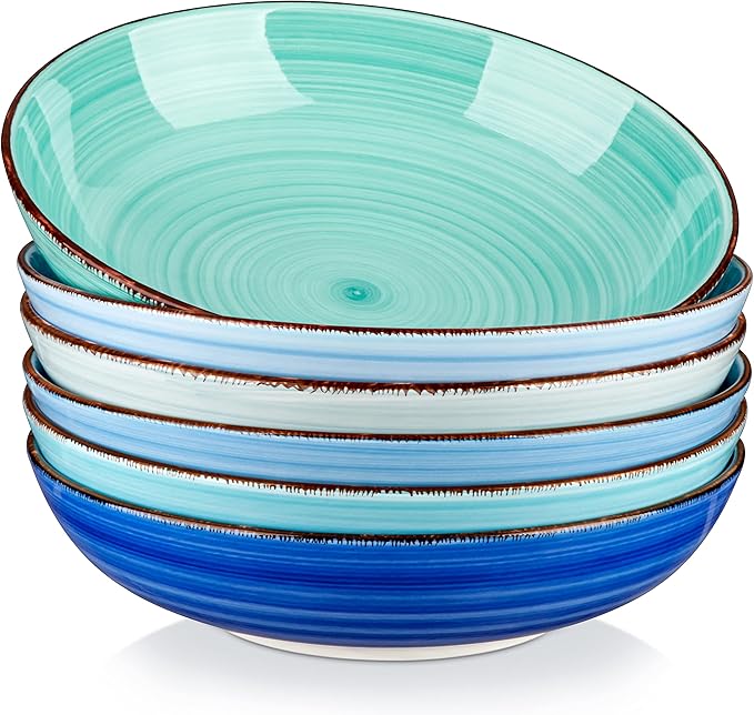 vancasso Bonita Pasta Bowls Set of 6, 38 oz Shallow Bowls, 8.5 Inch Ceramic Pasta Plates and Salad Bowls, Microwave & Dishwasher Safe Serving Bowls, Blue