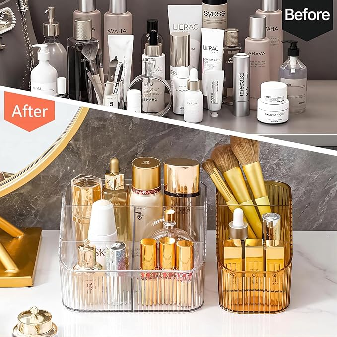 DASITON Large Capacity Makeup Brush Holder,5 Slot Makeup Brush Cup,Vintage striped Make Up Brush Holder,for Vanity Decor,Bathroom Countertops,Desk Storage Container,Cosmetic Display cases(Amber-L)