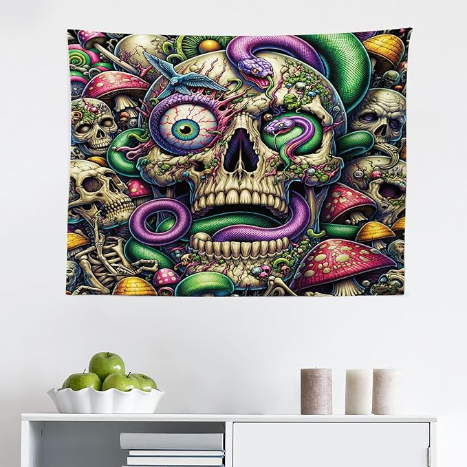 Ambesonne Trippy Tapestry, Spooky Artwork of Psychedelic Snake Mushroom Huddles Skulls Monster Eye, Fabric Wall Hanging Decor for Bedroom Living Room Dorm, 28" X 23", Green Purple Pale Khaki
