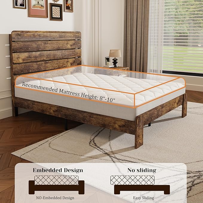 Queen Size Wooden Bed Frame with Headboard, Rustic Farmhouse Platform Bedframe with Wood Slat Support, Sturdy and No Noise, Easy Assembly (Brown, Queen)