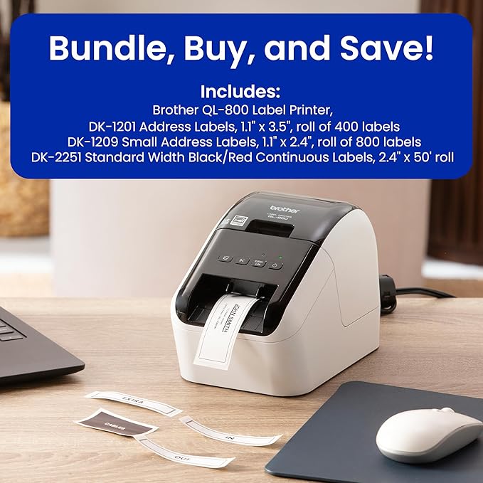 Brother QL-800 High-Speed Professional Label Printer, Plug & Label Feature, Brother Genuine DK Pre-Sized Labels, Multi-System Compatible – Black & Red Printing Available (Required USB Cable Included)