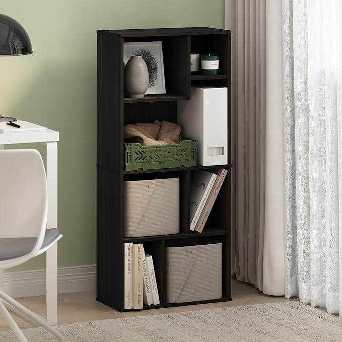 Furinno DALY Book Shelf, 7-Cube Bookshelf, Cube Storage Organizer Bookcase with Irregular Compartments, 9.4 x 18.9 x 42.1, for Living Room, Bedroom, Home Office, Espresso