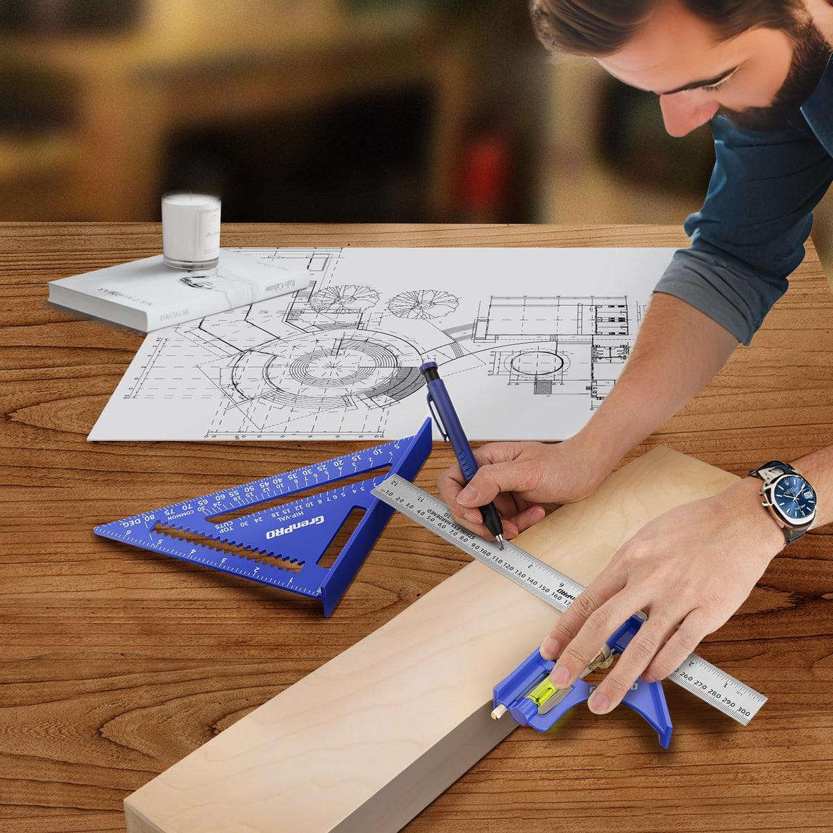 GRENPRO Combination Square Woodworking Ruler Tools, 7inch Carpenter Square Wood Working Tools and Accessories, 12inch Square Ruler, Includes 2-in-1 Carpentry Pencil, Protractor Angle Machinist Tool