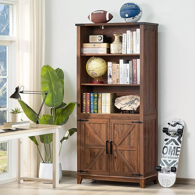 70in Tall Bookshelf 5 Tier Bookcase with Barn Doors and Adjustable Shelves, Brown Farmhouse Book Shelf with Storage Cabinet, Wood Freestanding Display Bookshelves for Bedroom, Living Room