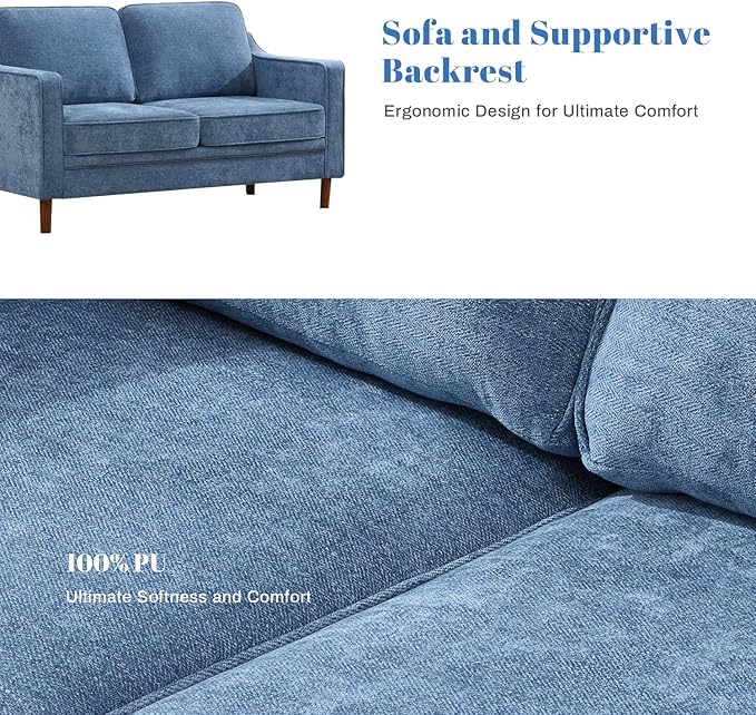 Kingfun 56" Chenille Sofa, Loveseat Couch, Mid Century Modern Love Seat Couches with Solid Wood Frame for Living Room & Bedroom, Light Blue