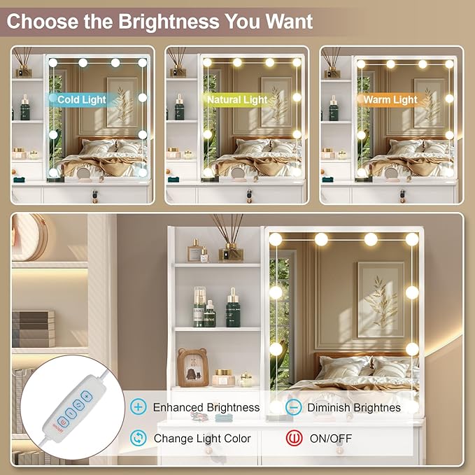 Small Makeup Vanity Desk with Lights and Slidind Mirror, Vanity Table Set with Chair, Lighted Dressing Table with 3 Adjustable Light Modes, 6 Drawers, 6 Shelves, White Vanity Desk for Women